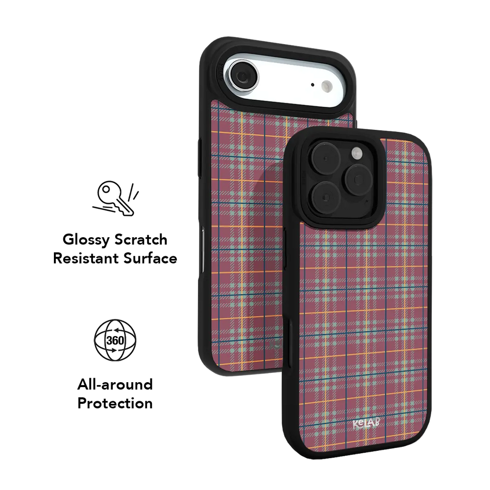KELAB iPhone Case pink and black textile plaid with raised edges and camera openings