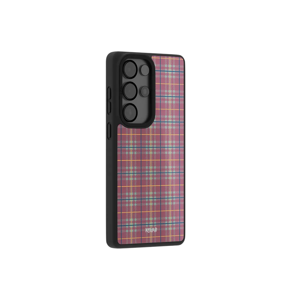 Mauve and teal plaid Samsung Galaxy case at a side angle showing the wrapped button covers