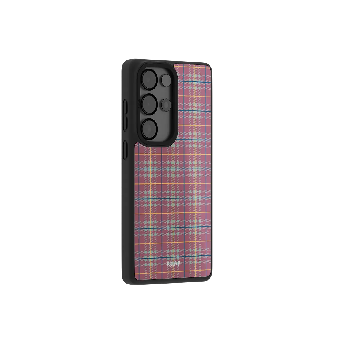 Mauve and teal plaid Samsung Galaxy case at a side angle showing the wrapped button covers
