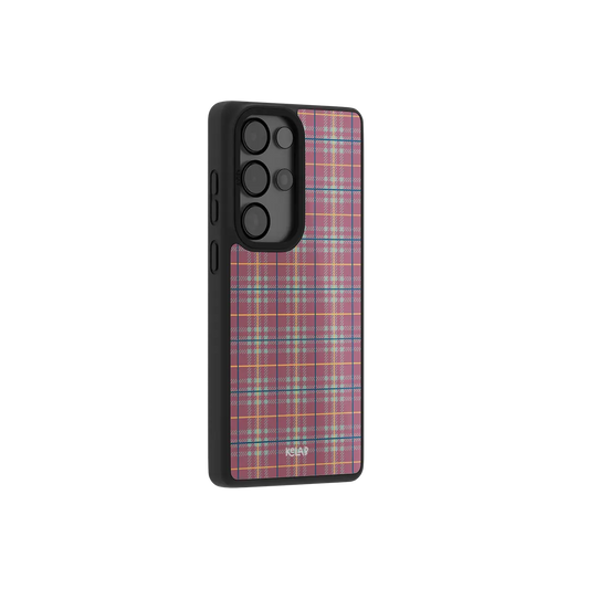 Mauve and teal plaid Samsung Galaxy case at a side angle showing the wrapped button covers