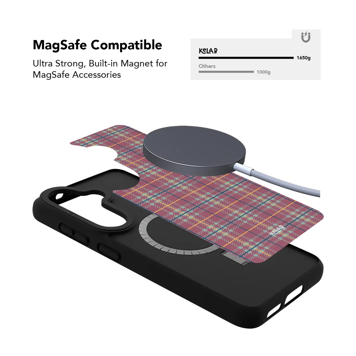 Mauve and teal plaid Samsung Galaxy case holding a magnetic wireless charger through the built in ring