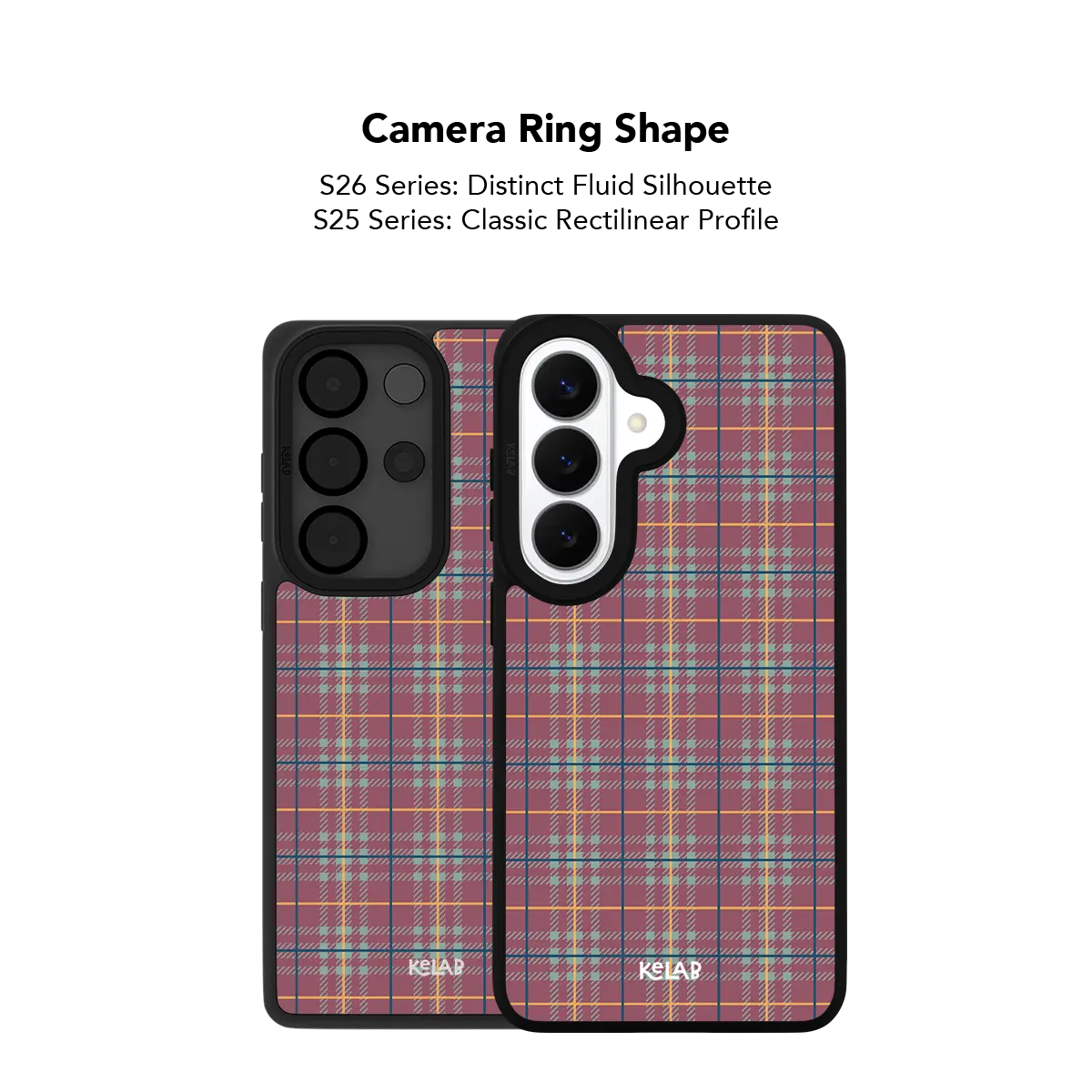 Close up of the camera ring cutout on the mauve and teal plaid Samsung Galaxy case
