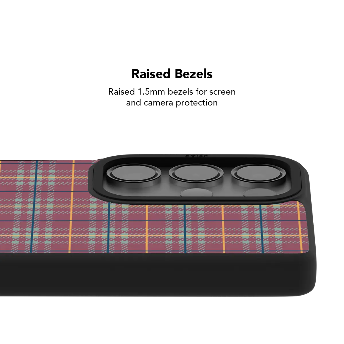 Raised bezel on the mauve teal plaid Galaxy case lifting the camera lenses clear of a flat surface
