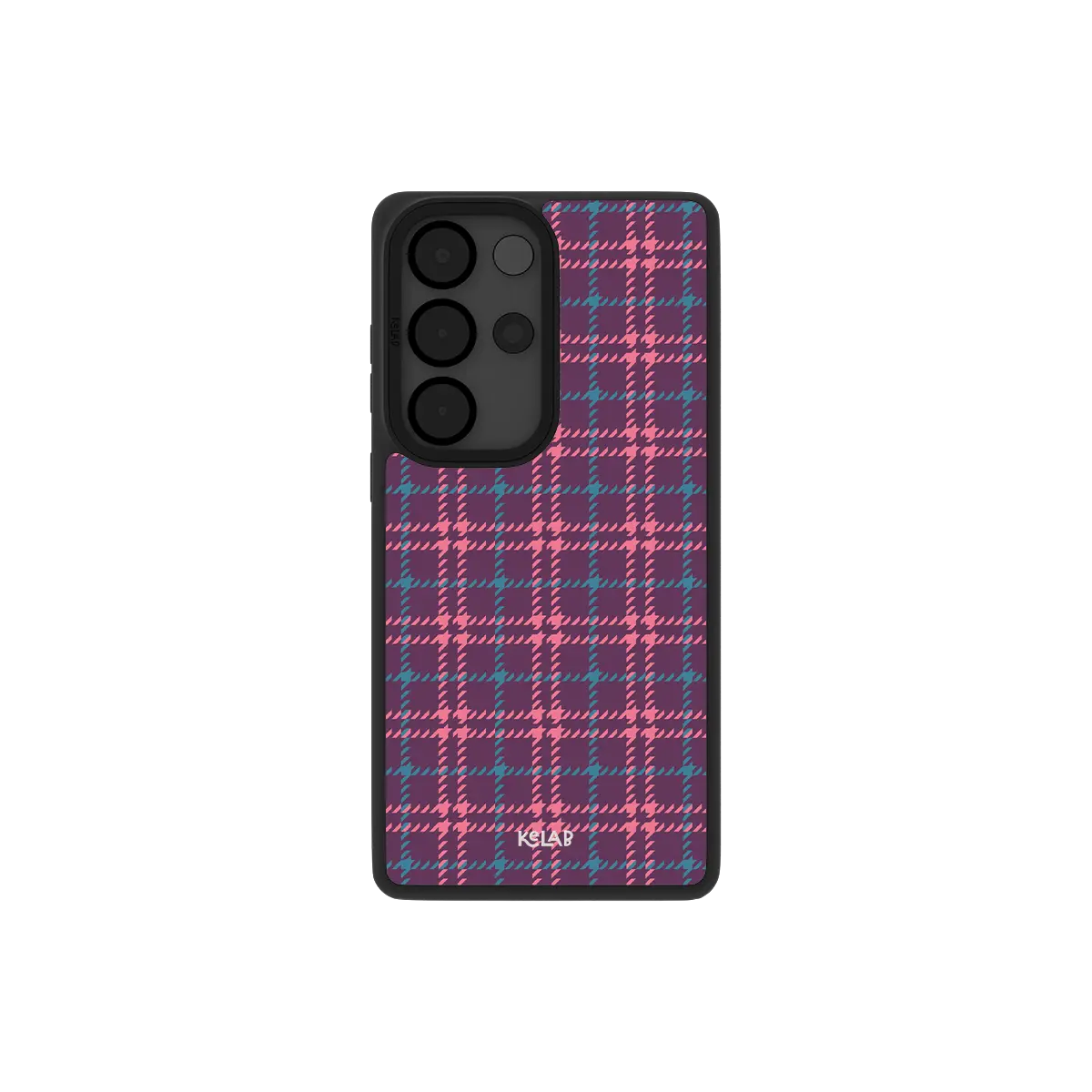 Purple plaid Samsung Galaxy case, back view with a lavender tweed style check around the camera cutout