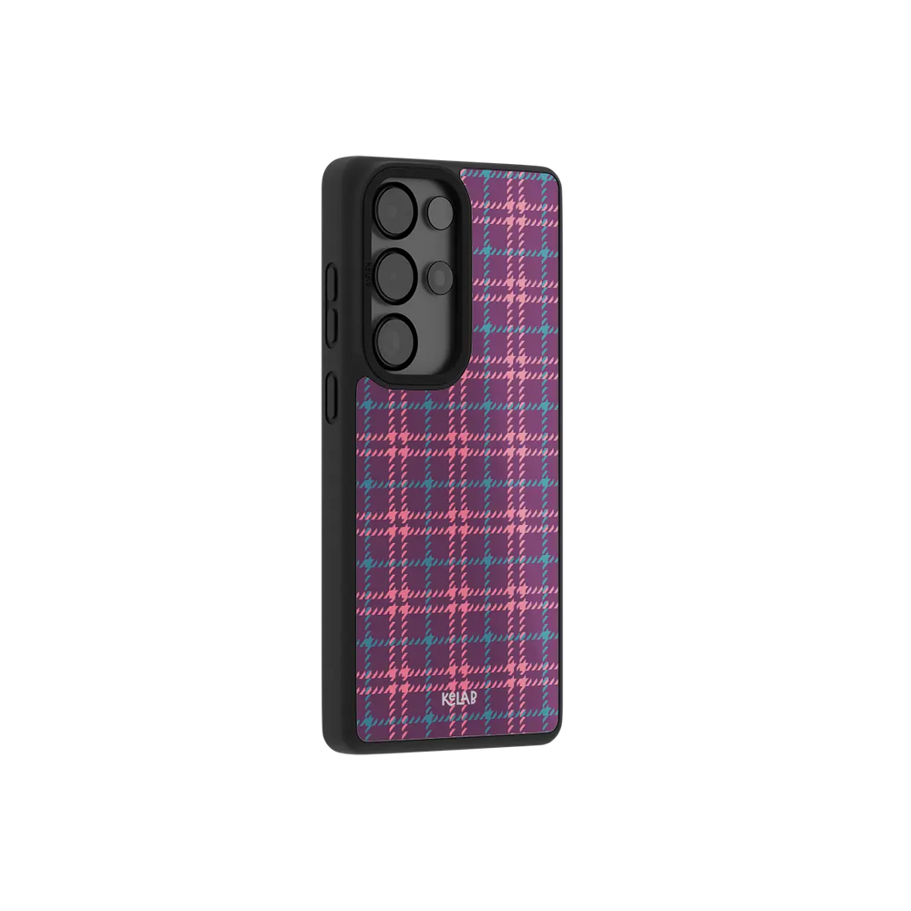 Purple plaid Samsung Galaxy case at a side angle showing the wrapped button covers