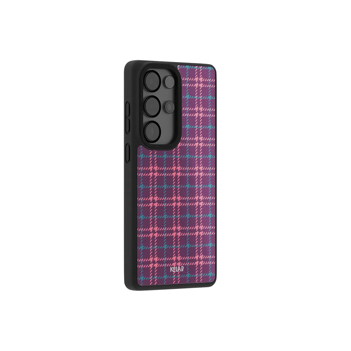 Purple plaid Samsung Galaxy case at a side angle showing the wrapped button covers