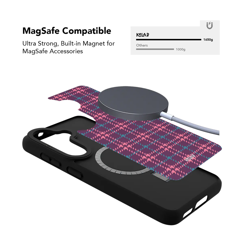 Purple plaid Samsung Galaxy case holding a magnetic wireless charger through the built in ring
