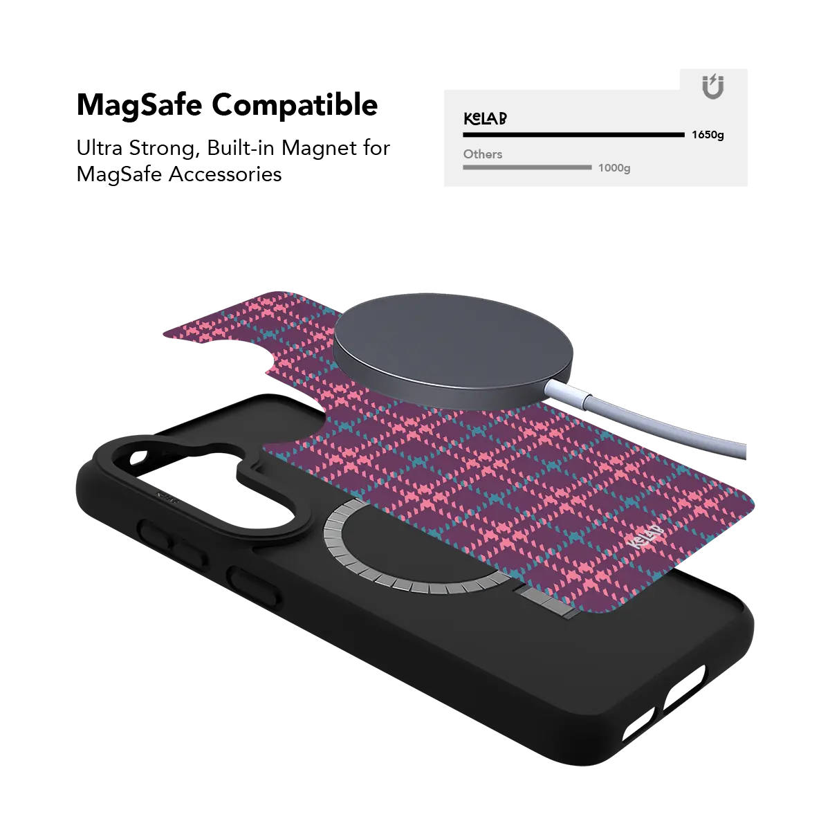 Purple plaid Samsung Galaxy case holding a magnetic wireless charger through the built in ring