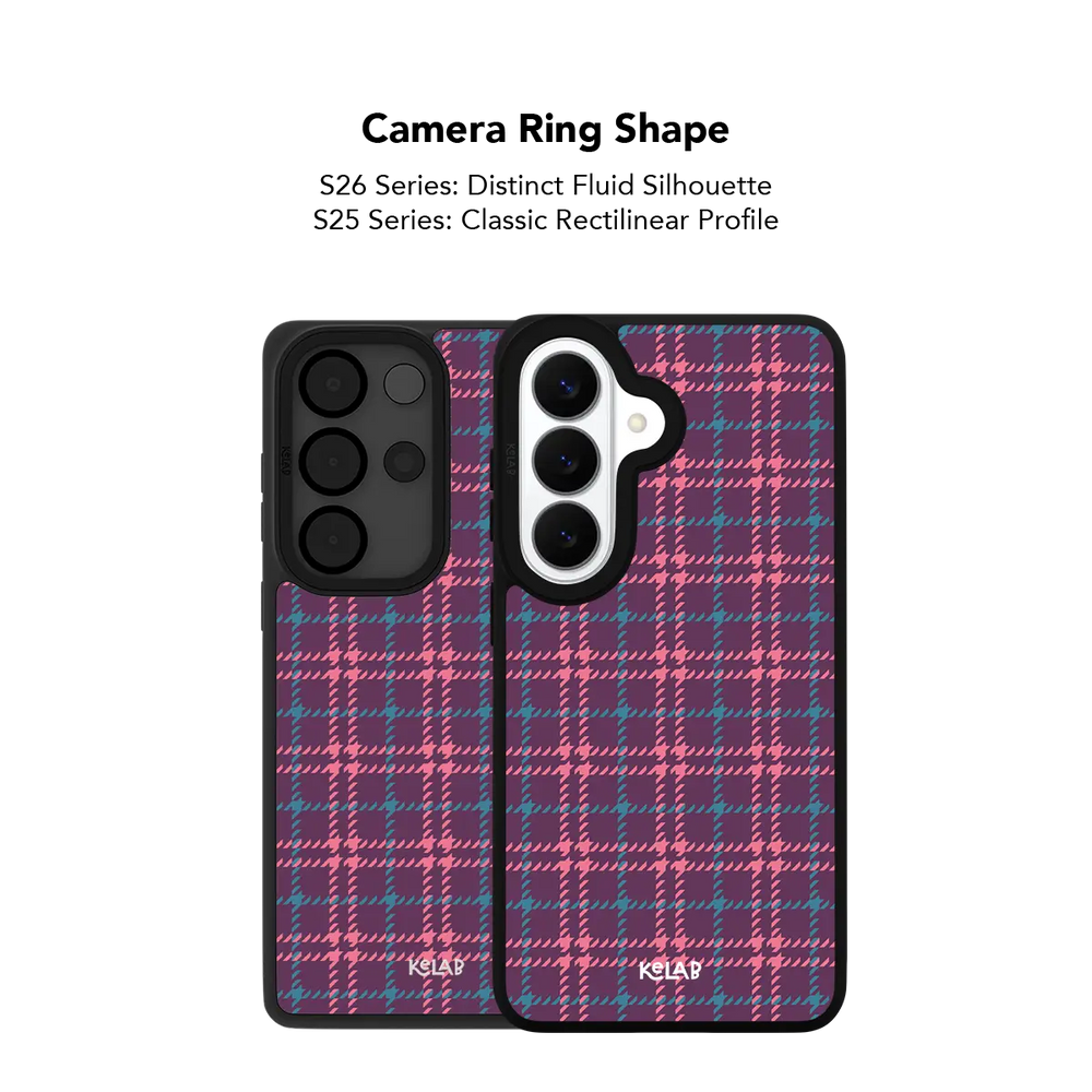 Close up of the camera ring cutout on the purple plaid Samsung Galaxy case