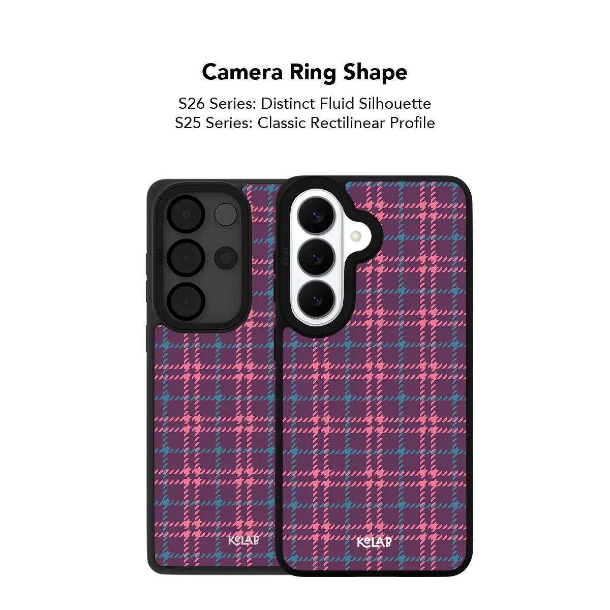 Close up of the camera ring cutout on the purple plaid Samsung Galaxy case