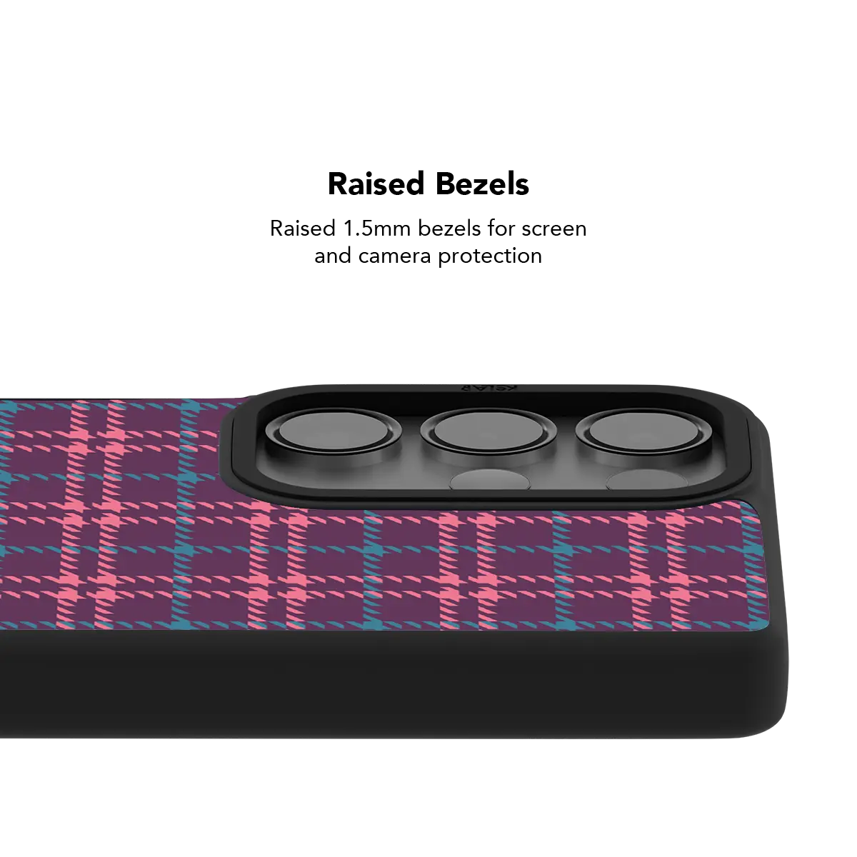 Raised bezel on the purple plaid Galaxy case lifting the camera lenses clear of a flat surface