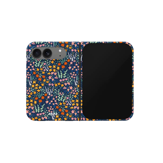 Navy Wildflower, Dark Floral iPhone 18 Fold Case, unfolded front view