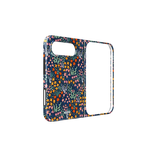 Navy Wildflower, Dark Floral iPhone 18 Fold Case, unfolded side view showing the hinge