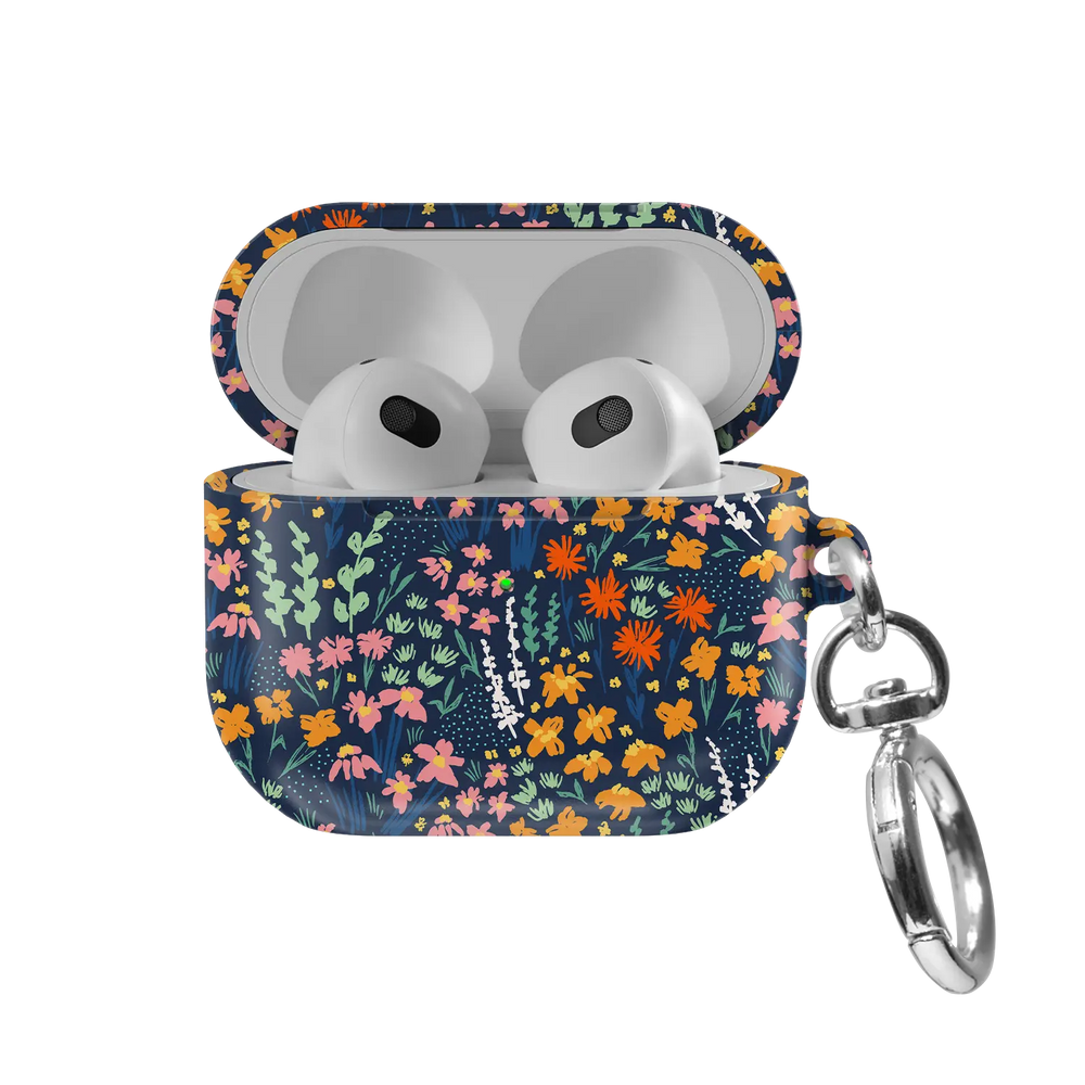 Navy Wildflower AirPods Case, front view with lid open