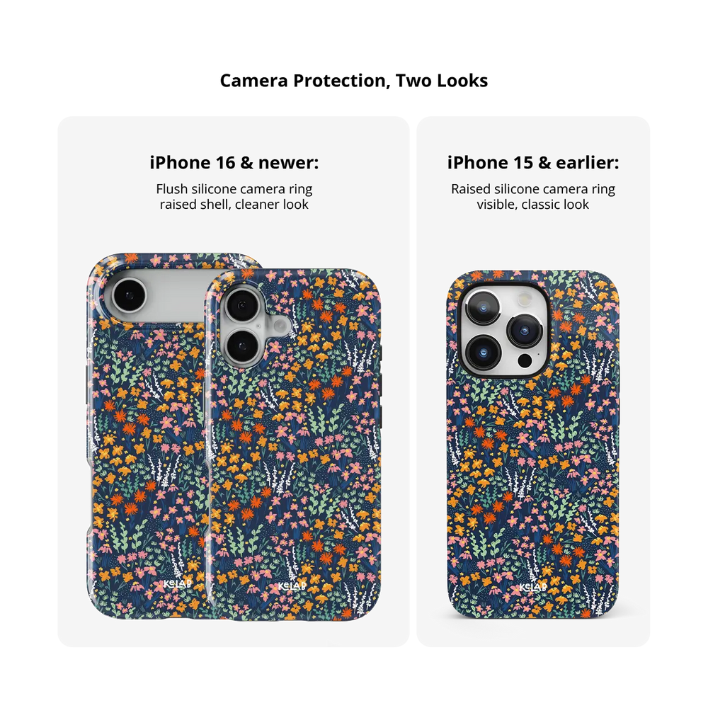 Vibrant Wildflower iPhone Case, camera protection and iPhone model size comparison