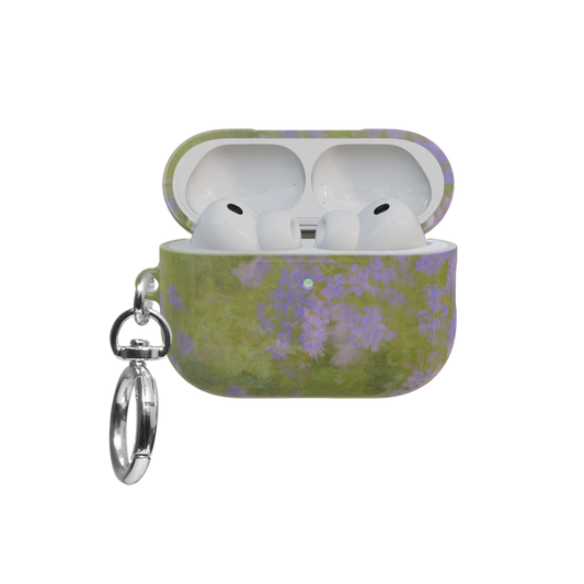 Purple Wildflower airpods pro case front view with open lid and keychain