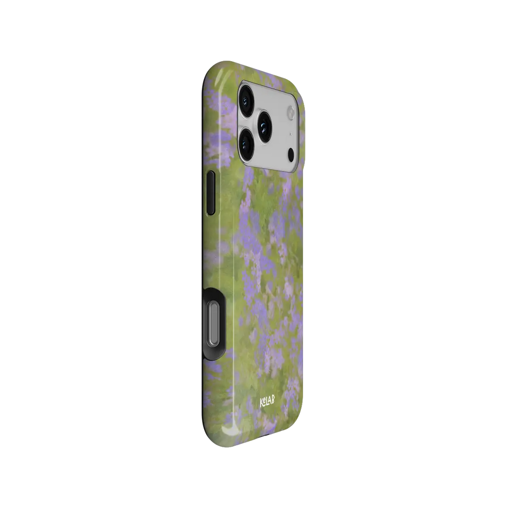 Purple Wildflower iPhone Case, side angle view showing precise button cutouts and wraparound edge