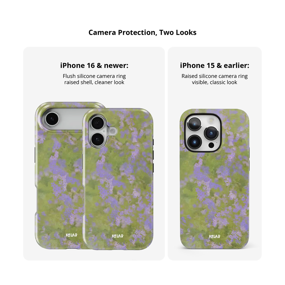 Purple Wildflower iPhone Case, camera protection and iPhone model size comparison