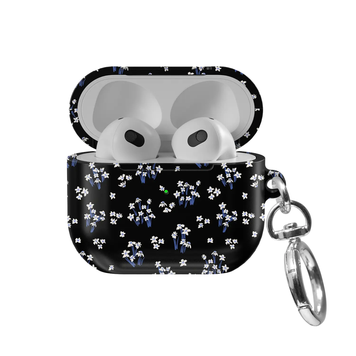 Black Floral AirPods Case, front view with lid open