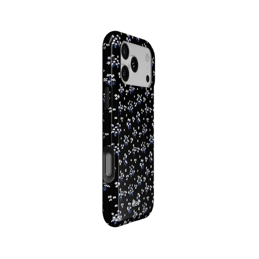 Minimalist Black Floral iPhone Case, side angle view showing precise button cutouts and wraparound edge