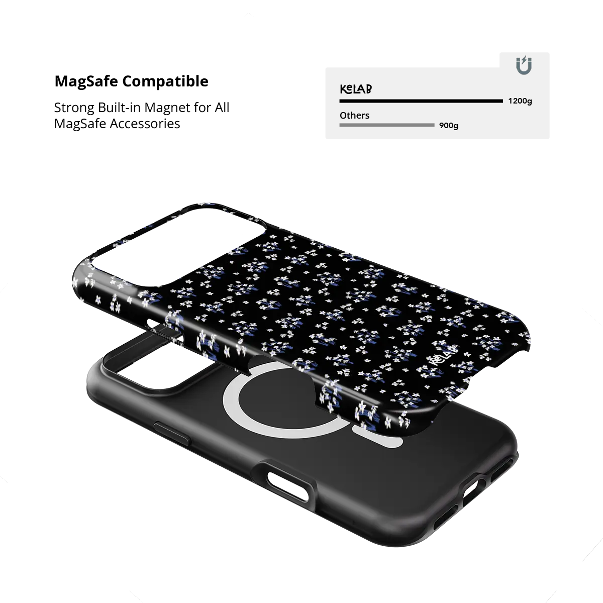 Minimalist Black Floral iPhone Case, MagSafe compatible with built-in magnet strength