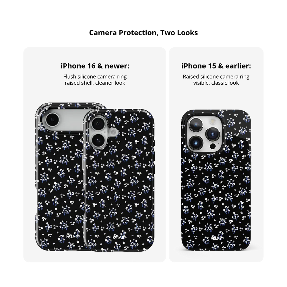 Minimalist Black Floral iPhone Case, camera protection and iPhone model size comparison