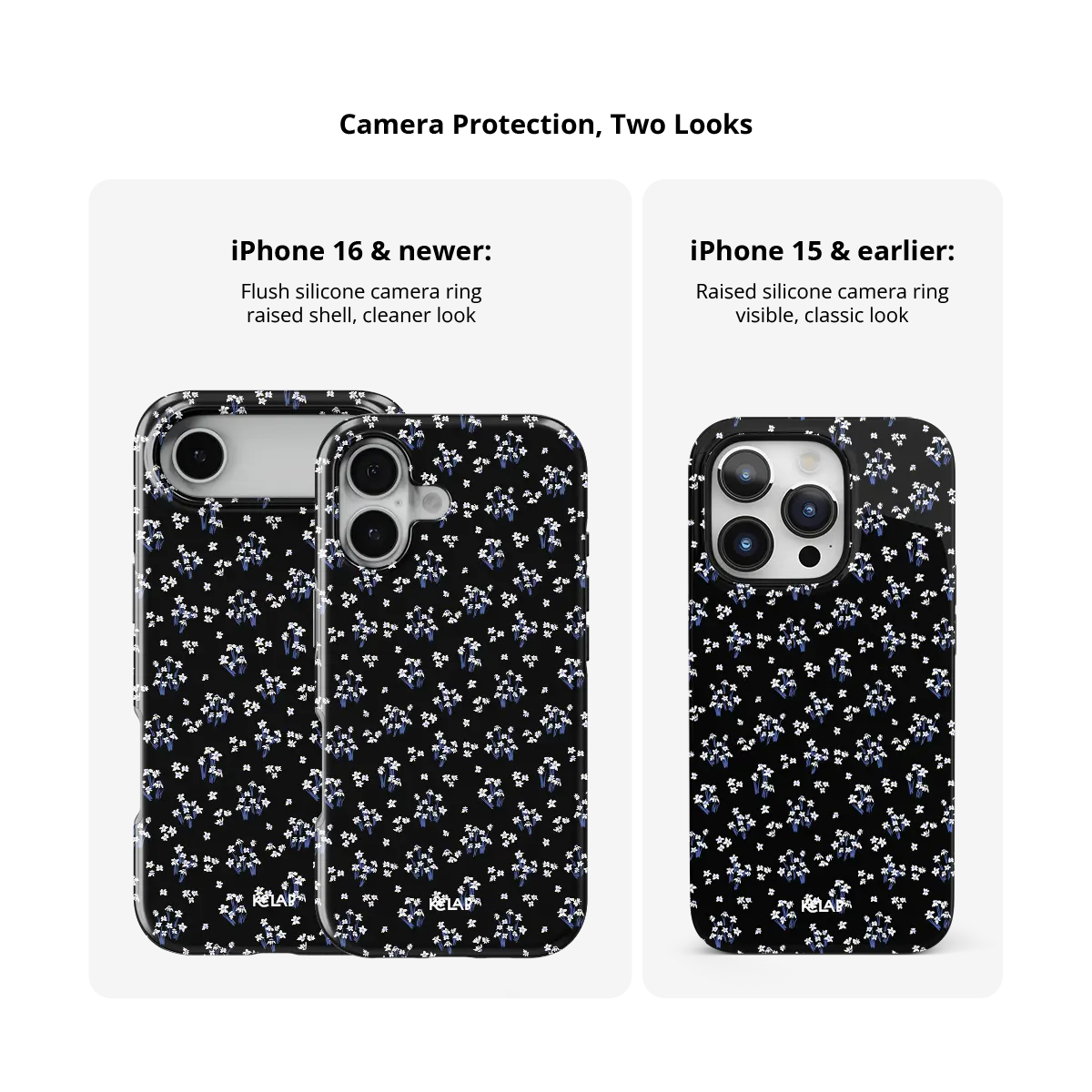 Minimalist Black Floral iPhone Case, camera protection and iPhone model size comparison