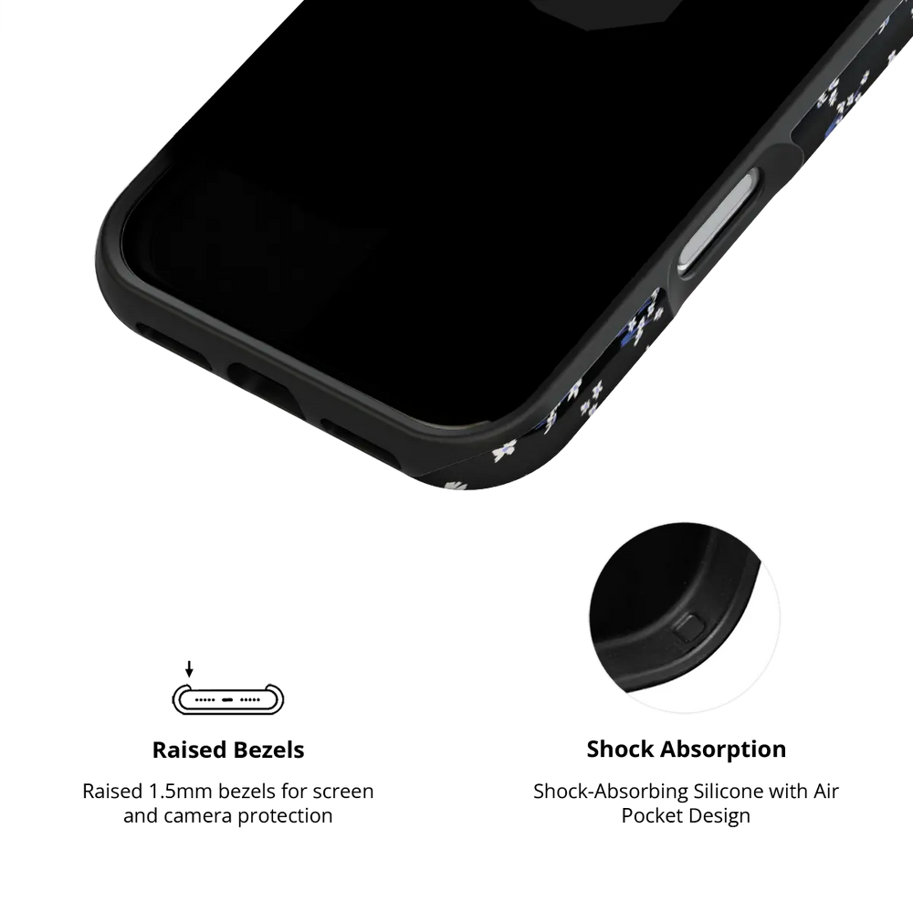 Minimalist Black Floral iPhone Case, raised bezel design for shock absorption
