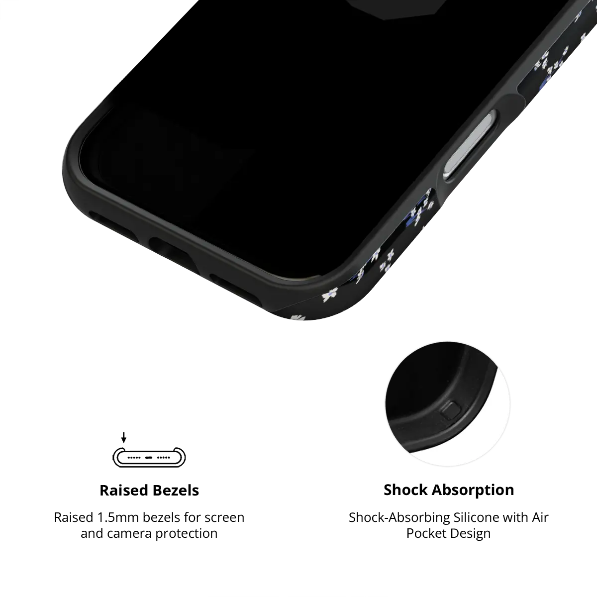 Minimalist Black Floral iPhone Case, raised bezel design for shock absorption