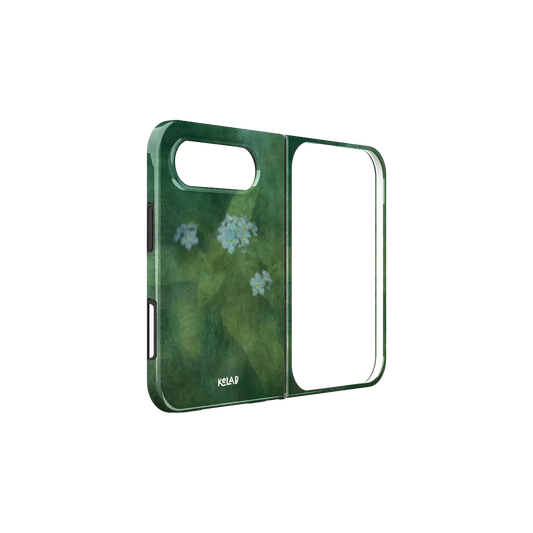 Deep Green Floral, Dark Botanical iPhone 18 Fold Case, unfolded side view showing the hinge