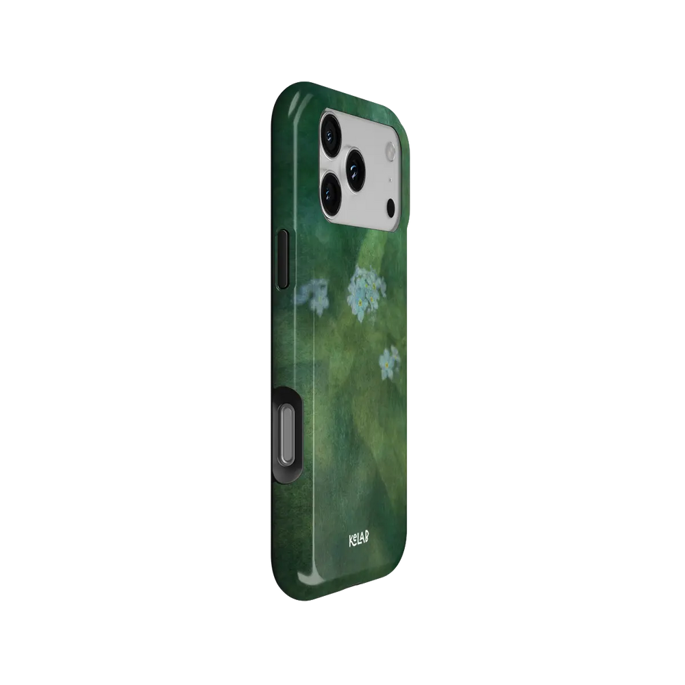 Deep Green Floral iPhone Case, side angle view showing precise button cutouts and wraparound edge
