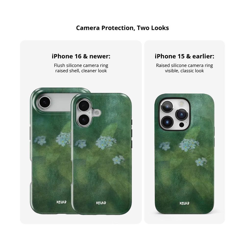 Deep Green Floral iPhone Case, camera protection and iPhone model size comparison