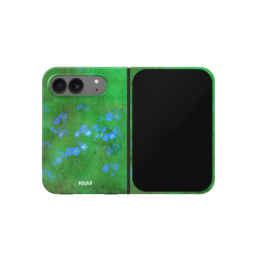 Green Forget Me Not Floral, Botanical iPhone 18 Fold Case, unfolded front view