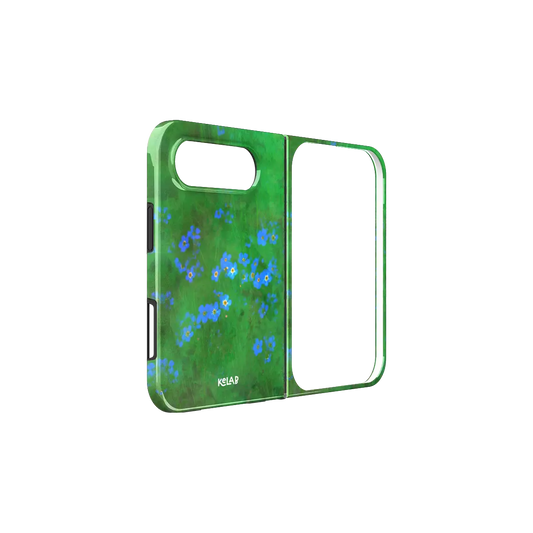 Green Forget Me Not Floral, Botanical iPhone 18 Fold Case, unfolded side view showing the hinge
