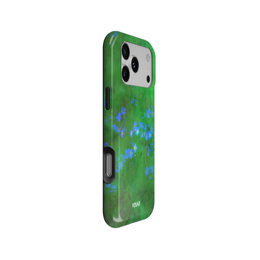 Vibrant Green Floral iPhone Case, side angle view showing precise button cutouts and wraparound edge