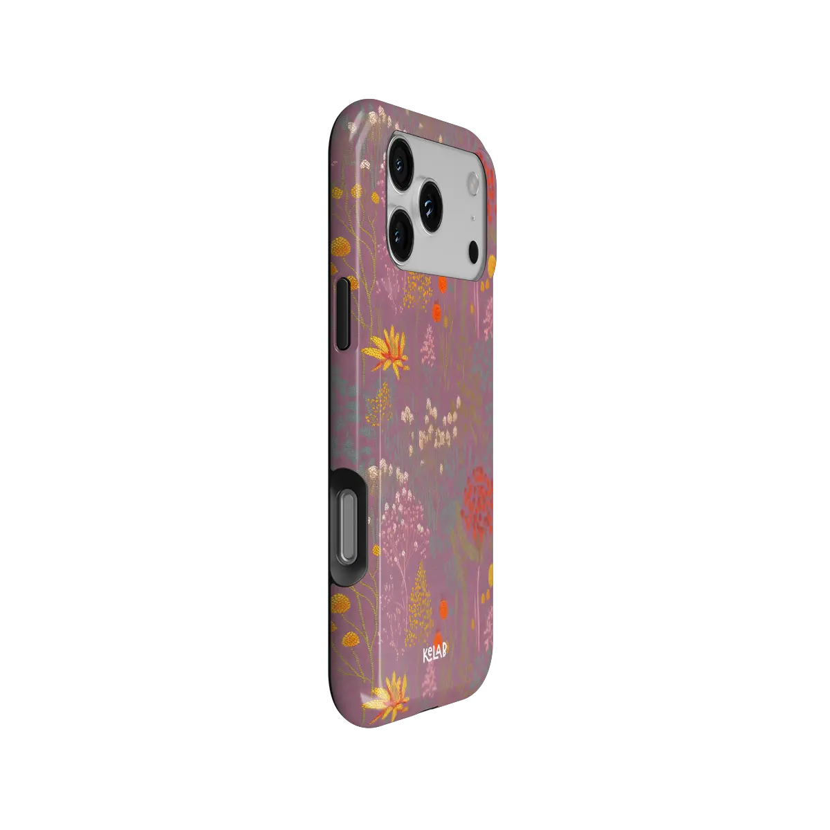 Dusty Pink Floral iPhone Case, side angle view showing precise button cutouts and wraparound edge