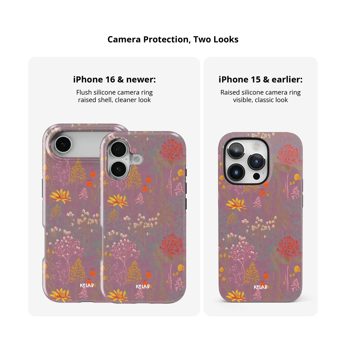 Dusty Pink Floral iPhone Case, camera protection and iPhone model size comparison