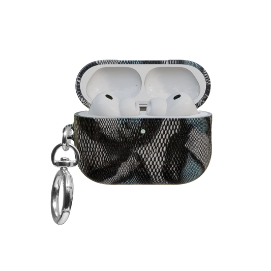Teal Snake Print airpods pro case front view with open lid and keychain