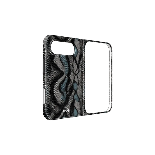 Teal Snakeskin, Snake Print Exotic iPhone 18 Fold Case, unfolded side view showing the hinge
