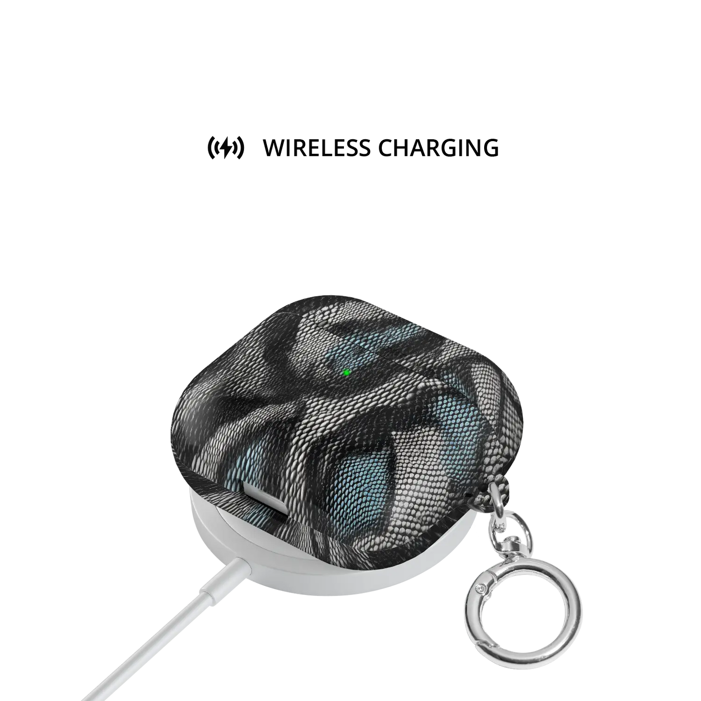 Viper Mesh | Teal Snake Print AirPods Case - shown on wireless charger