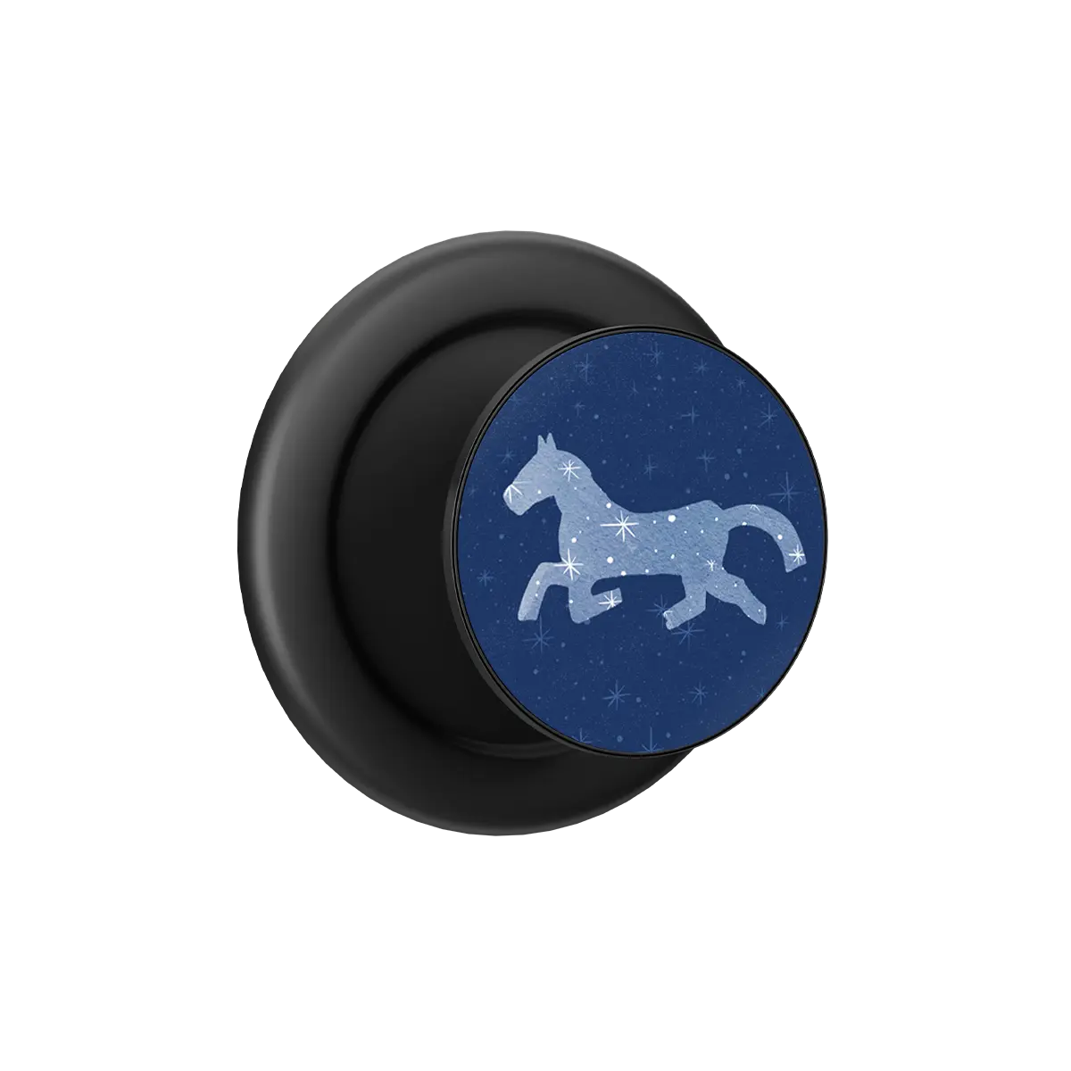Black MagSafe pop grip with blue horse silhouette and built-in strong magnets.