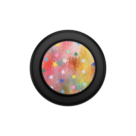 Black MagSafe phone grip with colorful playful stars and built-in strong magnets pop grip.