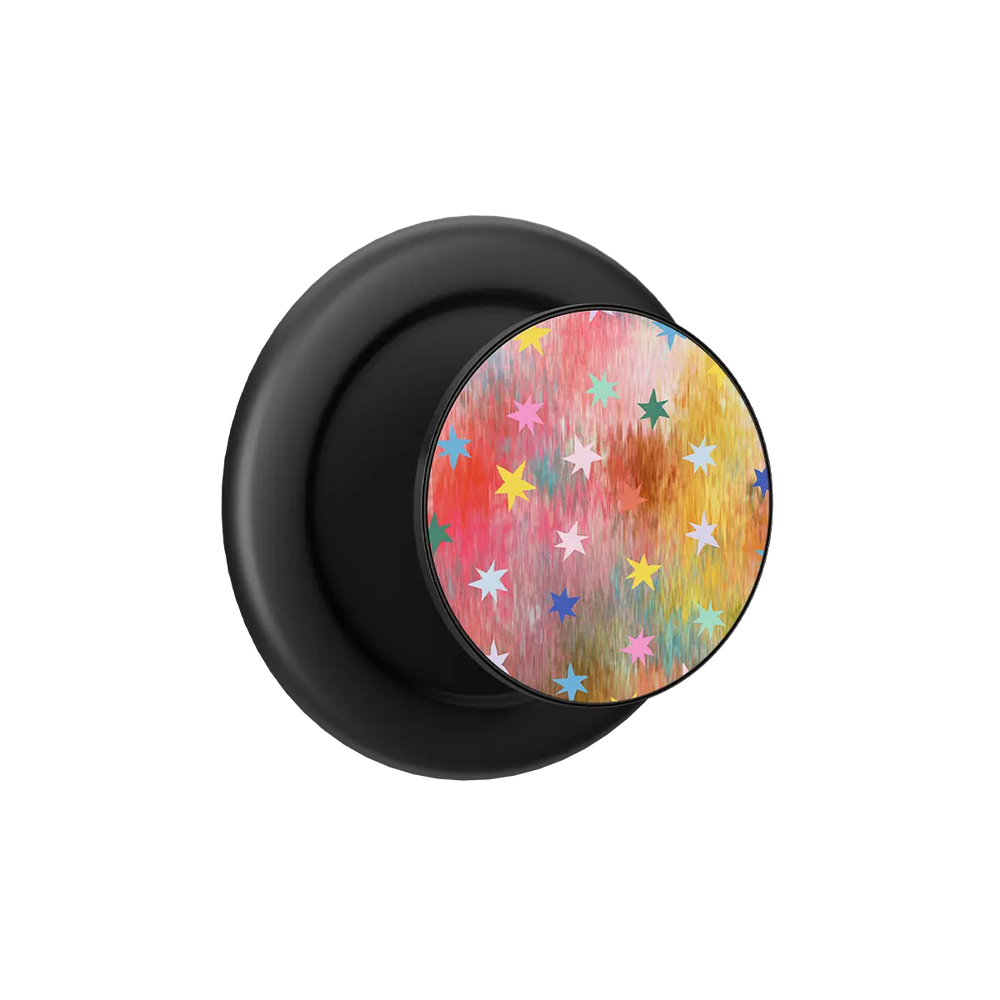 Black MagSafe phone grip pop grip with colorful star pattern and built-in strong magnets.