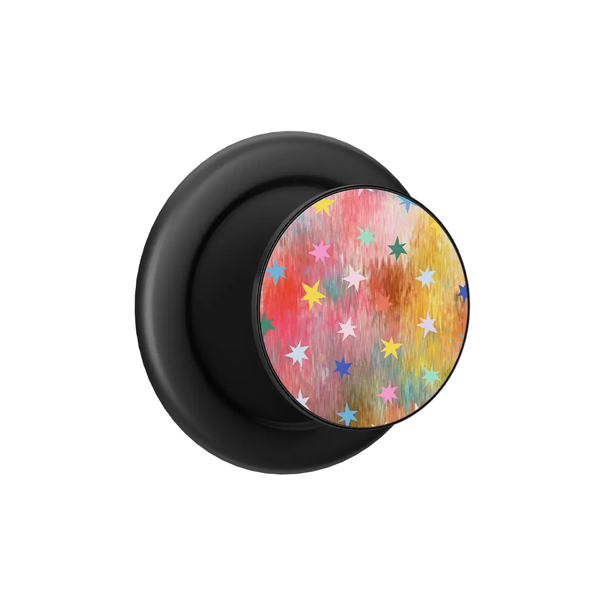 Black MagSafe phone grip pop grip with colorful star pattern and built-in strong magnets.