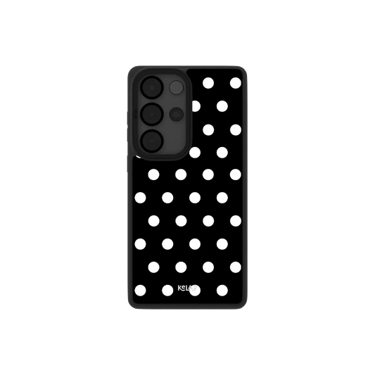 Samsung Galaxy phone case in classic black with white polka dot pattern for Galaxy S26 models