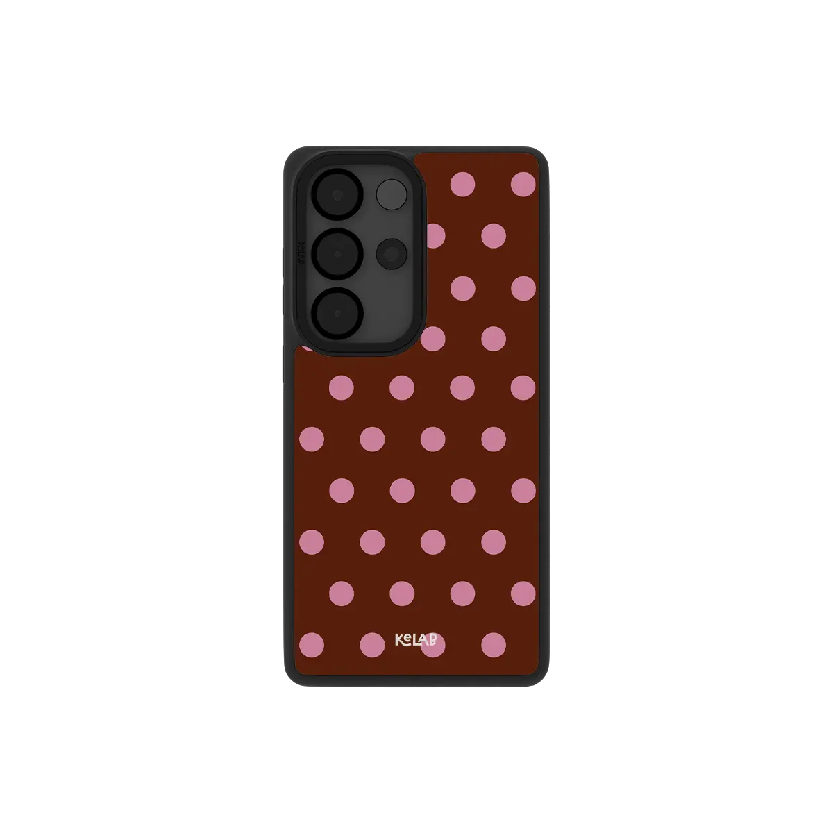 Classic Samsung Galaxy phone case in navy with a polka dot pattern in pink on a dark background
