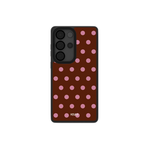 Classic Samsung Galaxy phone case in navy with a polka dot pattern in pink on a dark background