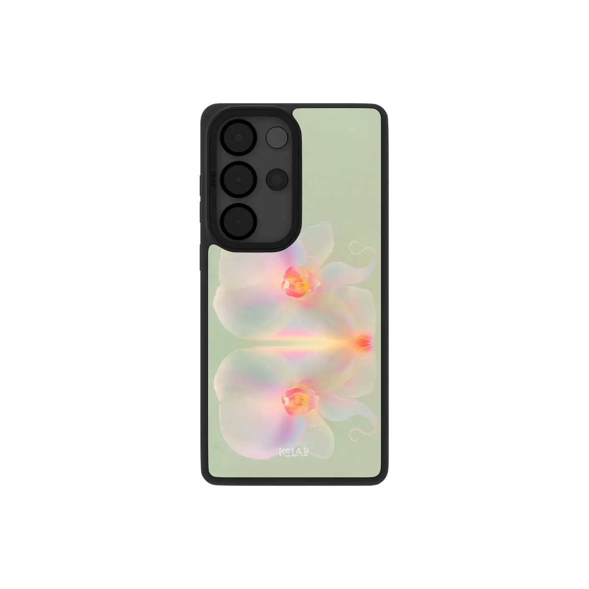 Iridescent orchid Samsung Galaxy case, back view with prismatic pink and violet blooms on sage around the camera cutout