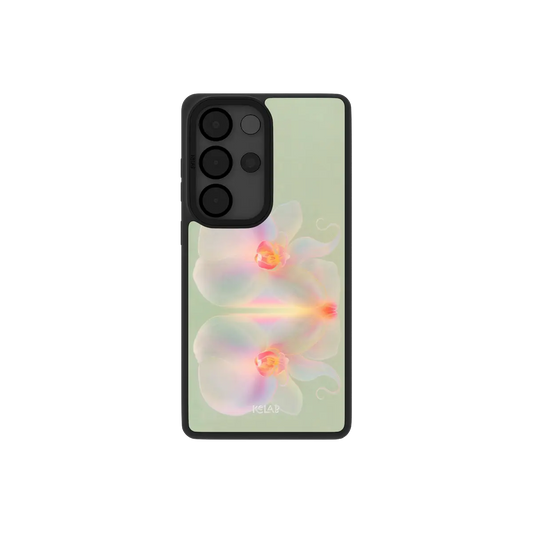 Iridescent orchid Samsung Galaxy case, back view with prismatic pink and violet blooms on sage around the camera cutout