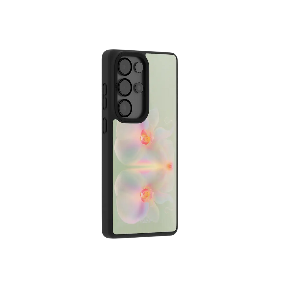 Iridescent orchid Samsung Galaxy case at a side angle showing the wrapped button covers